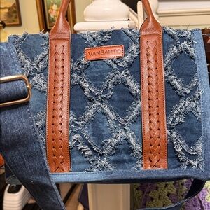 New Vansarto Blue Denim and Brown Leather Handbag cross body and matching pouch